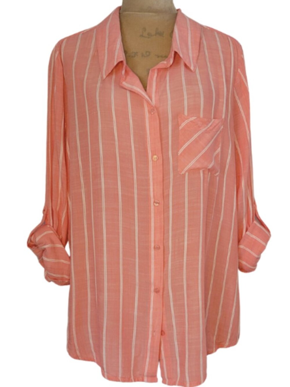 Passport Breezy Pink Pinstripe Rolled-Sleeve Preppy Button-Down Shirt Size XL